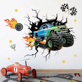 naklejka-scienna-3d-monster-truck-w-scianie-wyscigowy-samochod