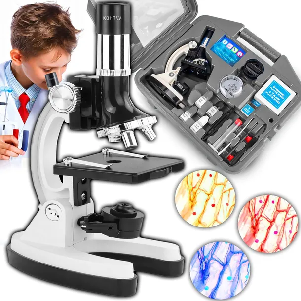 MIKROSKOP OPTYCZNY ZOOM 1200X ZESTAW LABORATORYJNY 3 OBIEKTYWY + AKCESORIA