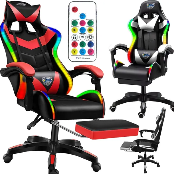Fotel LED z MASAŻEM pleców GAMINGOWY komputerowy OBROTOWY gracza +PODNÓŻEK!