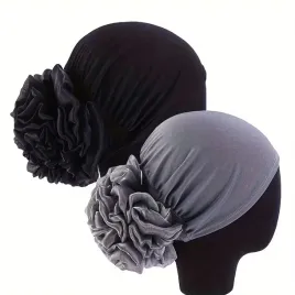 damski-turban-czepek-na-glowe-czarny-i-szary-z-kwiatem-2szt