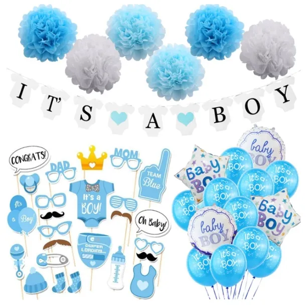 Dekoracje Baby Shower Chłopiec Balony Girlanda Pompony Niebieskie