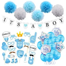 dekoracje-baby-shower-chlopiec-balony-girlanda-pompony-niebieskie