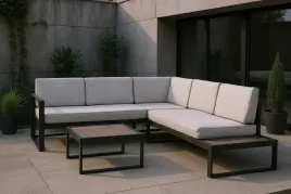 Zdjęcie produktu NAROŻNIK MEBLE OGRODOWE STOLIK + PODUCHY Komplet Mebli Aluminiowy 5 osobowy