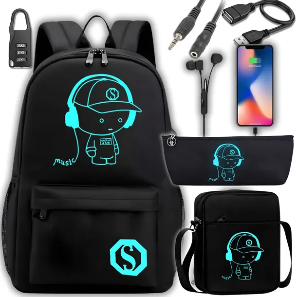 PLECAK SZKOLNY ŚWIECĄCY MŁODZIEŻOWY A4 WOREK PIÓRNIK LISTONOSZKA set4 USB