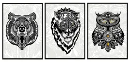 obrazy-w-ramie-53x73cm-tryptyk-komplet-3-obrazow-tribal-zwierzeta-bandb-p693