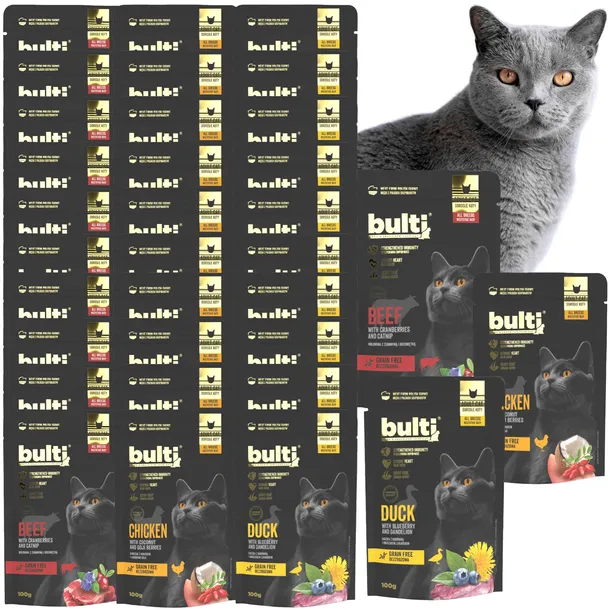 Bulti superfoods mokra karma dla kotów zestaw 30szt wołowina kurczak kaczka