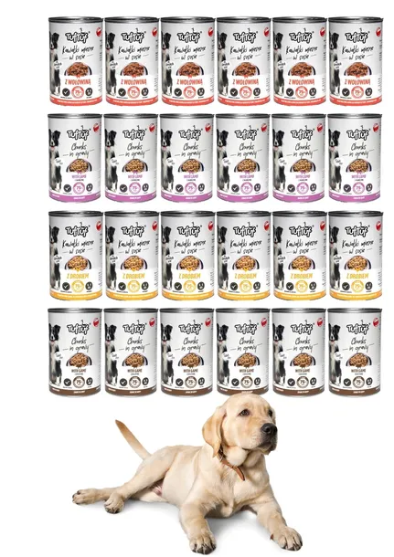 MOKRA KARMA DLA PSA 75% MIĘSA MIX 24x415g. 9,96 kg KAWAŁKI TUF TUF