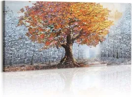 obraz-na-plotnie-wiszacy-drewniana-rama-wzor-jesienne-drzewo-120x50cm