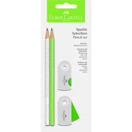 olowek-sparkle-sleeve-bialy-noen-zielony-temperowka-gumka-faber-castell