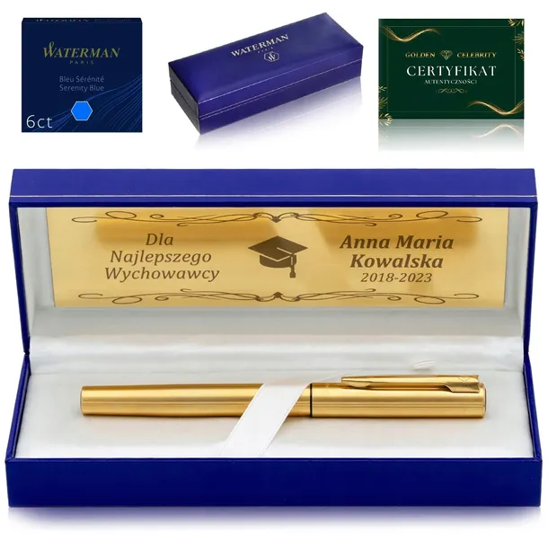 ZŁOTE PIÓRO WIECZNE WATERMAN 24K + PUDEŁKO Z GRAWEREM + CERTYFIKAT PREZENT