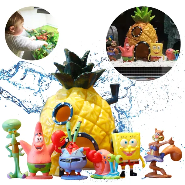 OZDOBA DO AKWARIUM DOMEK + FIGURKI 6 SZT. SPONGEBOB KRYJÓWKA DLA RYB ANANAS