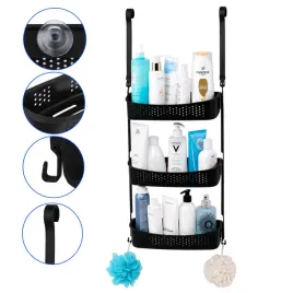 Zdjęcie produktu Półka prysznicowa XXL FULL BLACK 3 półki bez wiercenia organizer na kabinę