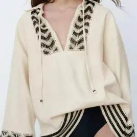 bluzka-damska-zara-boho-oversize-bezowa-z-lnem