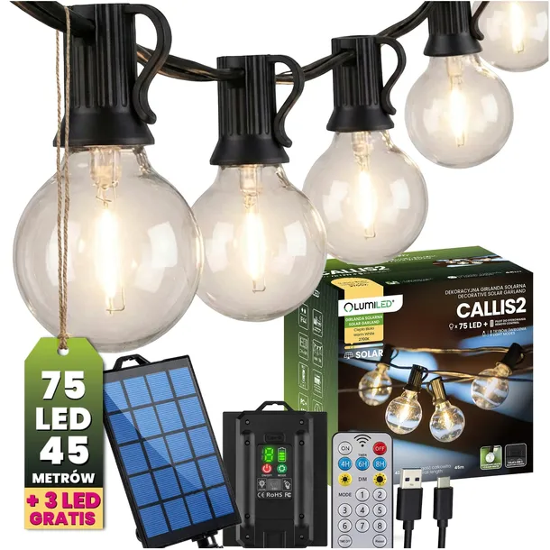 Girlanda Solarna Ogrodowa Świetlna 75 LED Lampki na Balkon Taras 45M PILOT