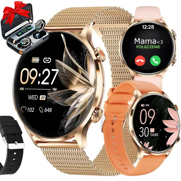 SMARTWATCH DAMSKI ZEGAREK PL MENU ROZMOWY SMART WATCH + 4 PASKI + SŁUCHAWKI