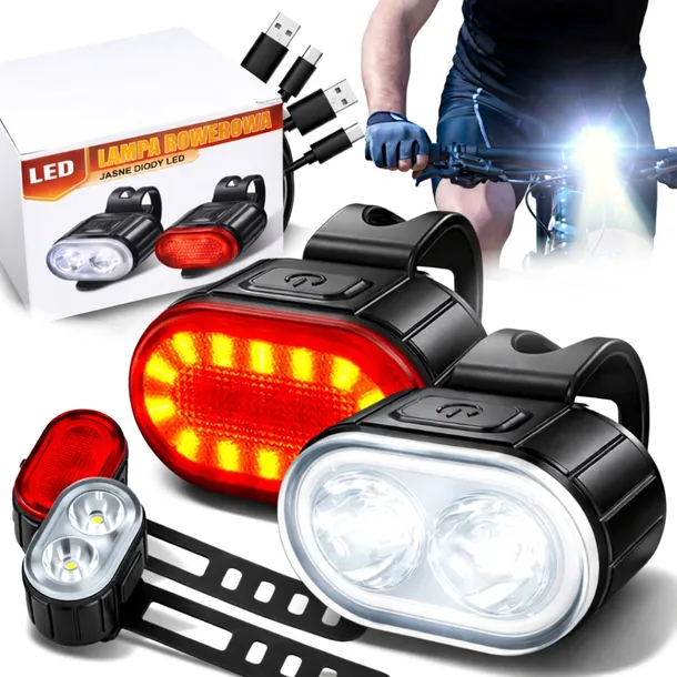 2x LAMPKA ROWEROWA PRZEDNIA TYLNA LED mocna LED zestaw świateł do roweru