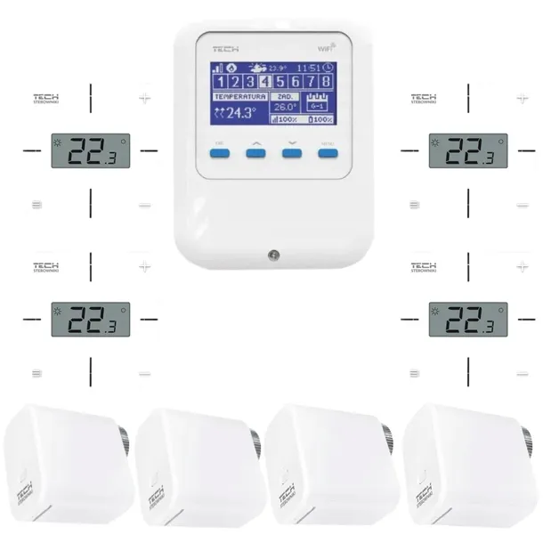 BEZPRZEWODOWY ZESTAW OGRZEWANIA GRZEJNIKOWEGO 1x Wifi-8s 4x R-8x 4x STT-869