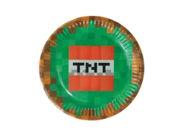 talerzyki-urodzinowe-piksele-z-napisem-tnt-i-brazowa-obwodka-6-sztuk