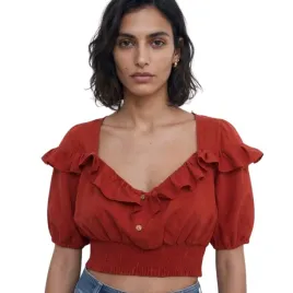 bluzka-damska-zara-crop-top-czerwona-lniana