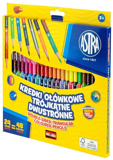 Kredki ołówkowe, trójkątne, dwustronne. Astra. 24 sztuki. 48 kolorów