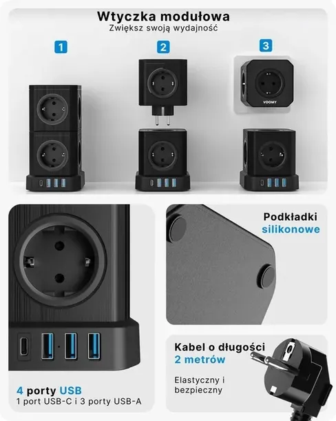 voomy-stack-power-cube-10-2m-power-socket-3-usb-a-and-1-usb-c-20w-czarny-model-brak-informacji