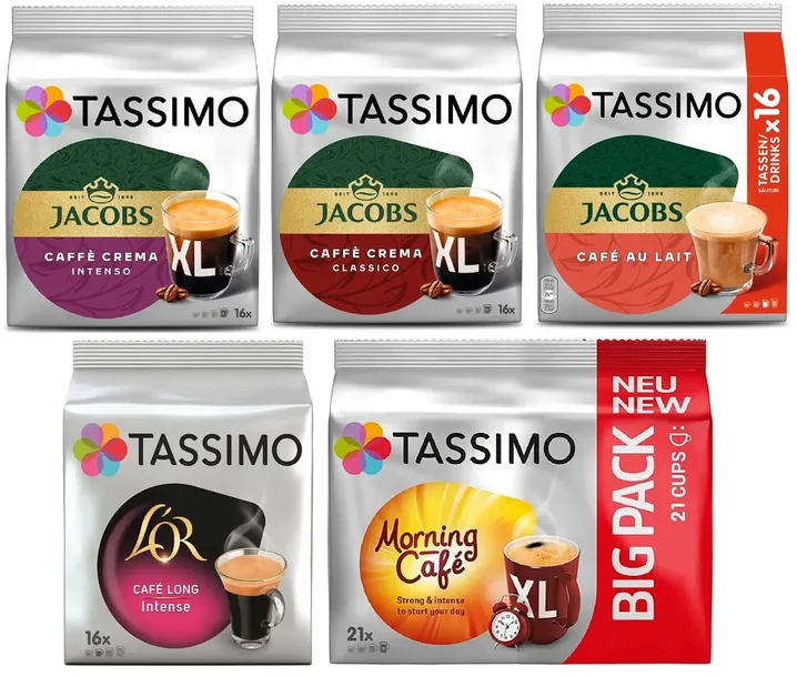 Zestaw 5x Kapsułki do Tassimo Jacobs kawy czarne XL i Cafe au lait 85szt