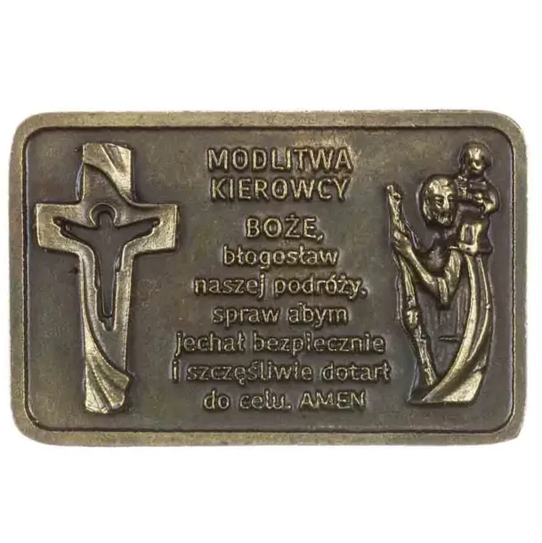 Plakietka do samochodu Święty Krzysztof - Modlitwa Kierowcy złota