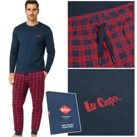 lee-cooper-pizama-meska-bawelniana-dluga-krata-granat-2025-logo-rozmiar-xxl
