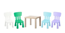 ikea-zestaw-stolik-lack-dab-bejcowany-mammut-4x-krzeselka-wielokolorowe