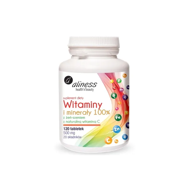 WITAMINY I MINERAŁY 100% Kompleks 20 składników Wit.C Aliness 120 tabletek
