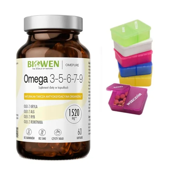 Biowen OMEGA 3-5-6-7-9 Wspiera układ krążenia Skórę 1250mg 60 kaps + Gratis