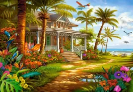 puzzle-1500-ukladanka-zwierzeta-dom-chata-palmy-kwiaty-morze-9-castor