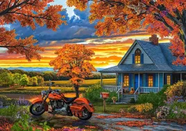 puzzle-500-ukladanka-widok-las-drzewa-dom-motor-motocykl-jesien-9-castor