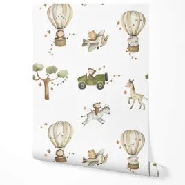 tapeta-na-sciane-rosliny-zwierzeta-balony-biale-tlo-do-pokoju-dziecka