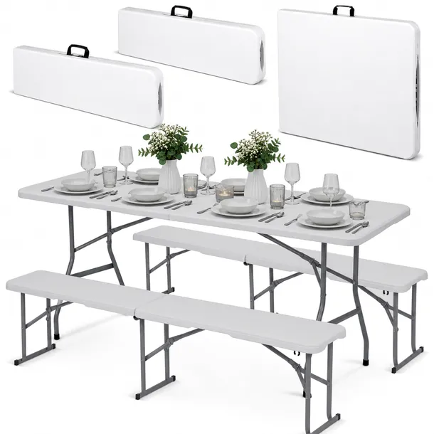 STÓŁ OGRODOWY + 2x ŁAWKI BANKIETOWY CATERINGOWY SKŁADANY Zestaw 180 cm