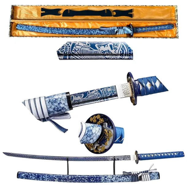 Profesjon. Ostry Miecz Katana Błękitna Stal 1095 Stojak Skrzynia GXSW-03