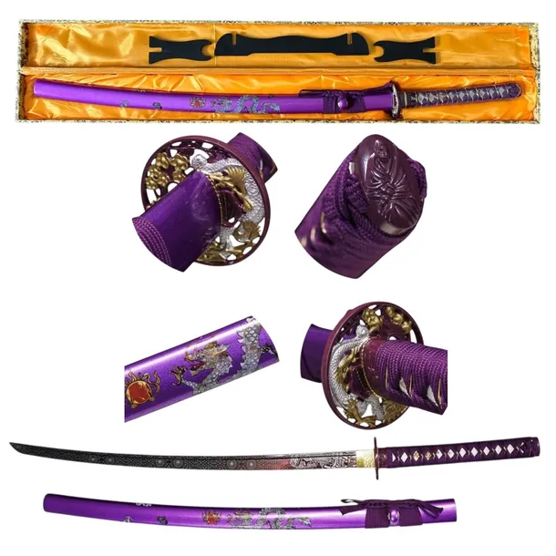 Profesjon. Ostry Miecz Katana Fioletowa Stal 1095 Stojak Skrzynia GXSW-04