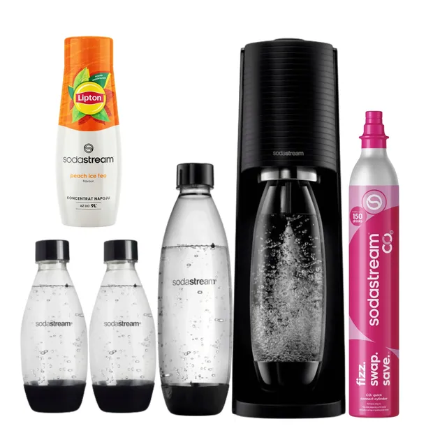 Saturator SodaStream Terra czarny + 3 butelki +Lipton Peach + nabój CO2