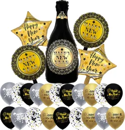Zdjęcie produktu ZESTAW BALONÓW HAPPY NEW YEAR NOWY ROK ZŁOTY CZARNY SYLWESTER SZAMPAN