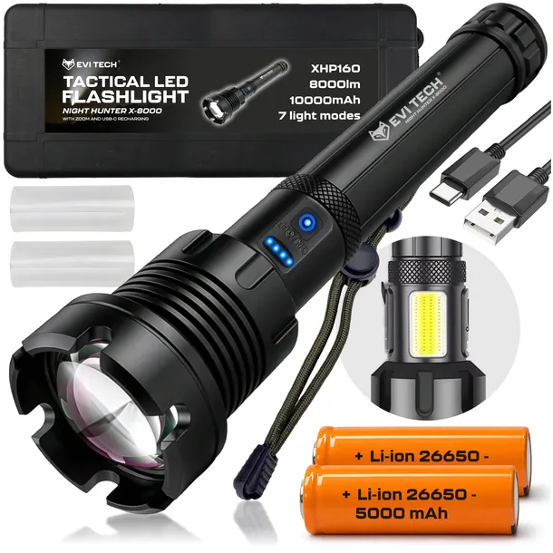 MOCNA LATARKA TAKTYCZNA LED WOJSKOWA 8000LM ZOOM USB-C WODOODPORNA XHP160