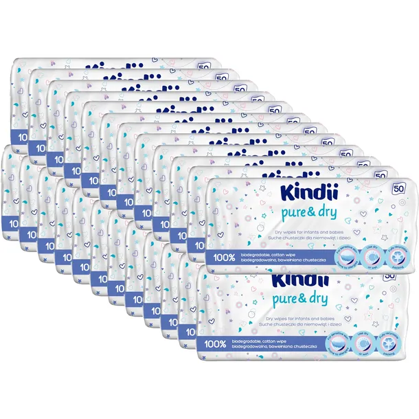 24 x CHUSTECZKI SUCHE KINDII PURE & DRY biodegradowalne 50 sztuk