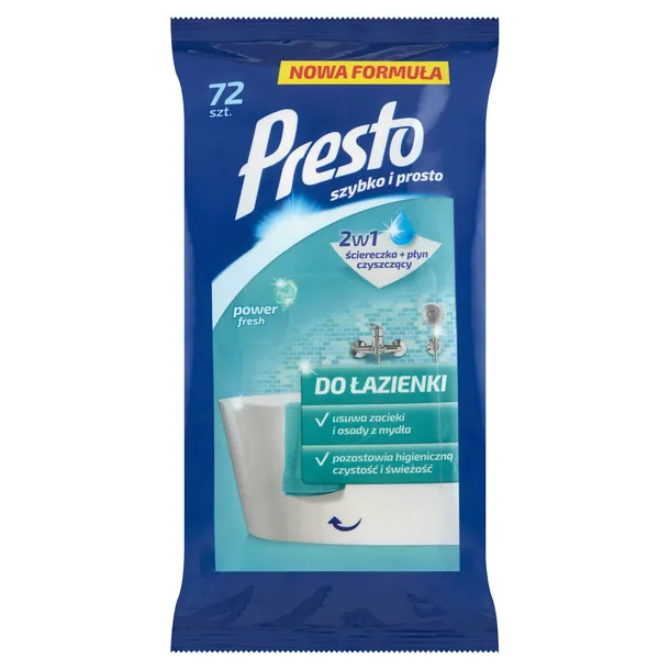 Presto Ściereczki nawilżane do łazienki czyszczące 2w1 72 sztuki