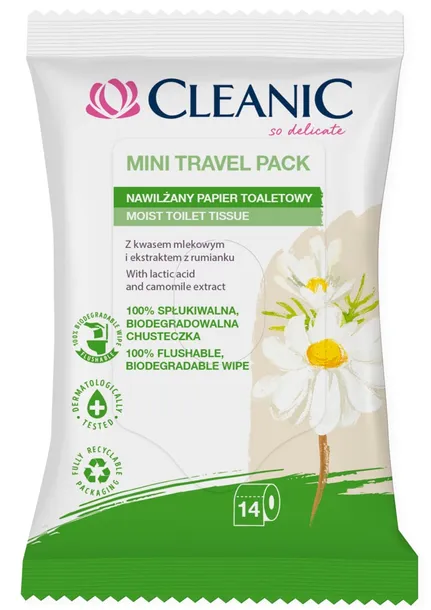 Cleanic papier nawilżany z ekstraktem z rumianku, Mini Travel Pack 14 sztuk
