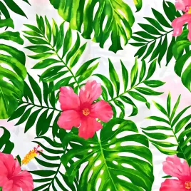 bawelna-100percent-kwiaty-hibiskus-rozowy-z-zielonymi-liscmi-na-bialym-tle