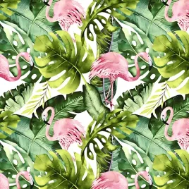 bawelna-100percent-flamingi-w-lisciach-monstera-na-bialym-tle