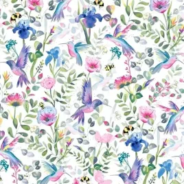 bawelna-100percent-kolibry-rozowo-zielone-na-lace-na-bialym-tle