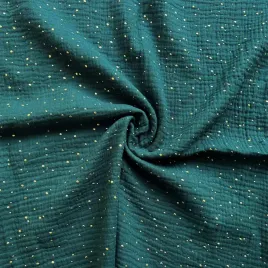 muslin-double-gauze-zielony-lesny-forest-w-zlote-kropki