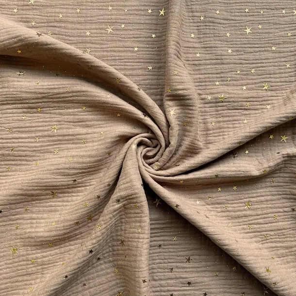 Muślin double gauze jasny brąz (Light Brown) w złote gwiazdki