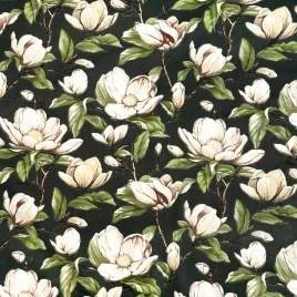 bawelna-100percent-kwiaty-magnolie-bezowe-na-ciemno-zielonym-tle