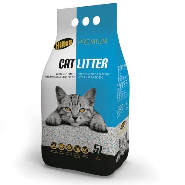 ŻWIREK BIAŁY BENTONITOWY O ZAPACHU MYDŁA HILTON CAT LITTER WHITE SOAP 5L